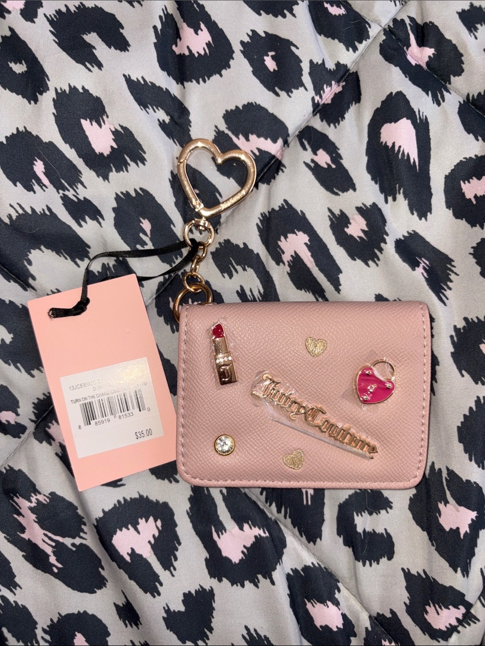 Juicy Couture Pink Wallet Cardholder with Gold Heart Keyring and Charms